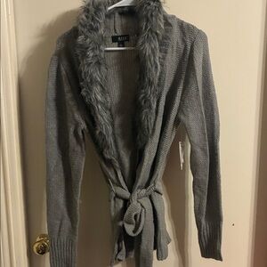 a.n.a Gray Cardigan with Faux Fur Collar